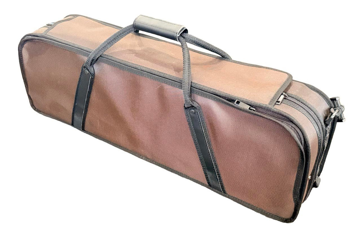 The Premium Lightweight Fractional Violin Case – 1/4 & 1/2 Size is a rectangular brown soft carrying case with black handles and zippers, designed to conveniently and securely store and transport a 1/4 or 1/2 size violin or small accessories.