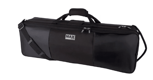 The Protec MAX Oblong Violin Case – 4/4 Full Size, Black, is a rectangular padded carrying case featuring a shoulder strap, two handles, and multiple zippered compartments—designed to securely transport and organize your full-size violin while keeping it protected.