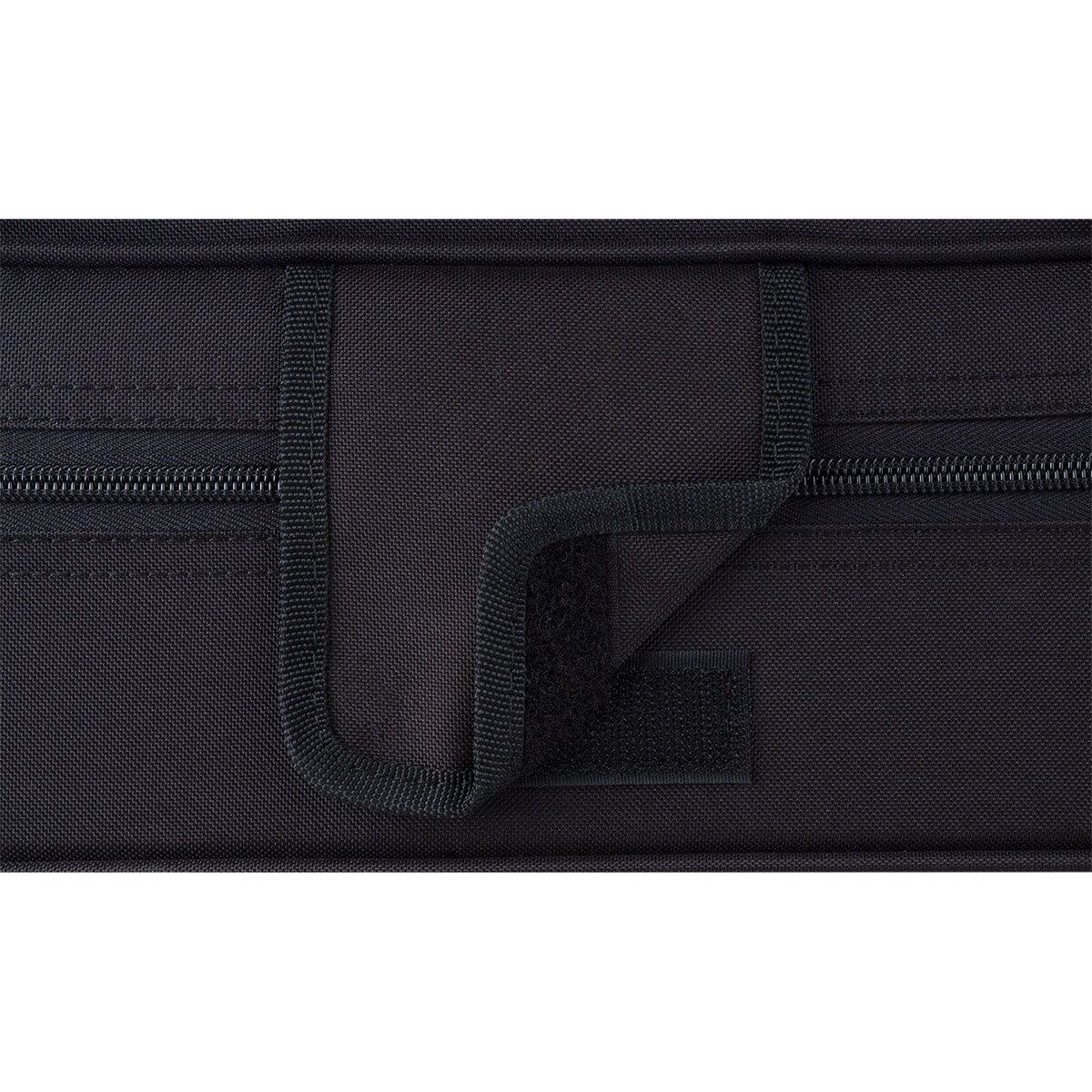 Close-up of the Protec MAX Oblong Violin Case – 4/4 Full Size, Black, showing a lifted flap revealing a hook-and-loop fastener and horizontal zipper—an ideal sturdy case for student violinists.