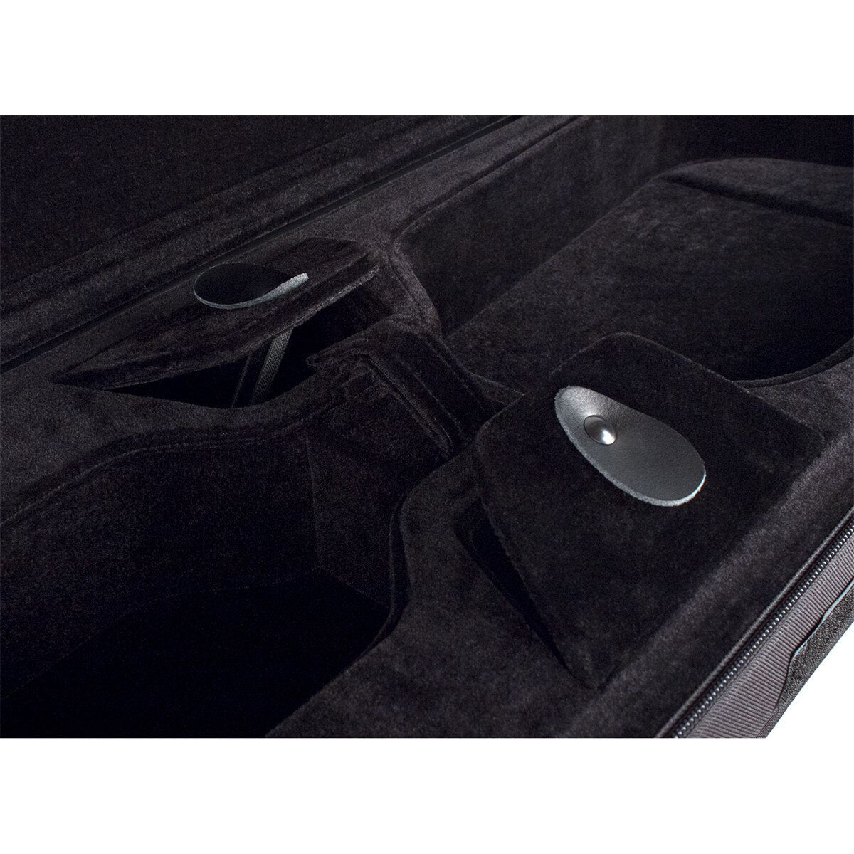 Close-up of the Protec MAX Oblong Violin Case – 4/4 Full Size, Black. Its velvet-lined interior features two rounded, buttoned compartments and plush surfaces to protect your violin—ideal for students needing a reliable full-size case.