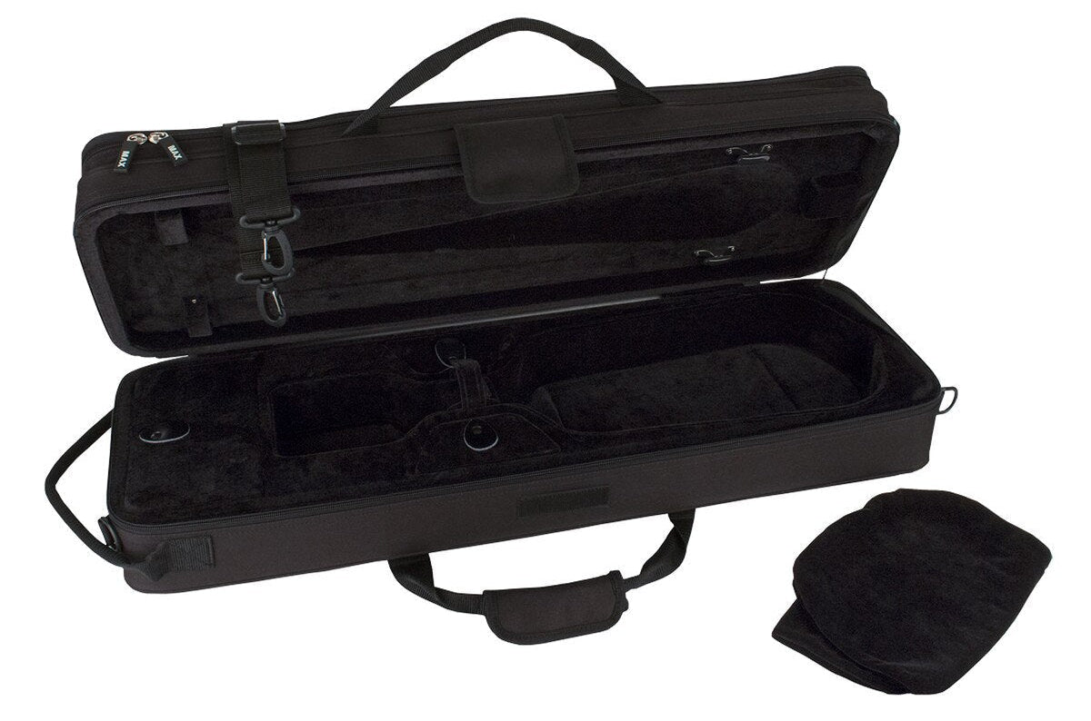 The Protec MAX Oblong Violin Case – 4/4 Full Size, Black, is a rectangular soft-shell case with padded compartments, handle, shoulder strap, and comes with a separate black padded cover.