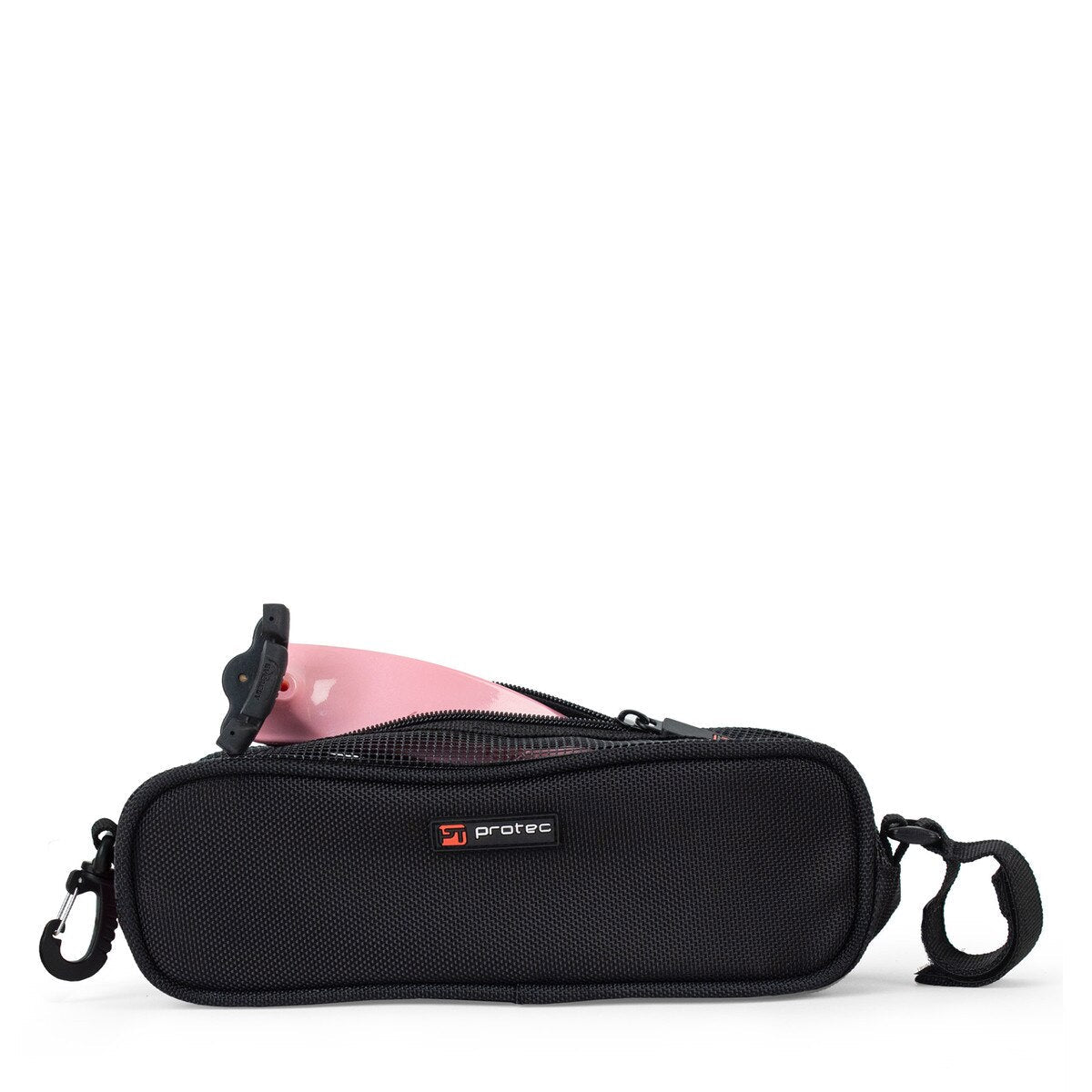 The Protec Violin / Viola Shoulder Rest Pouch is a black zippered case with a Protec logo, detachable strap, and a partially visible pink and gray mouthpiece inside, shown on a white background.