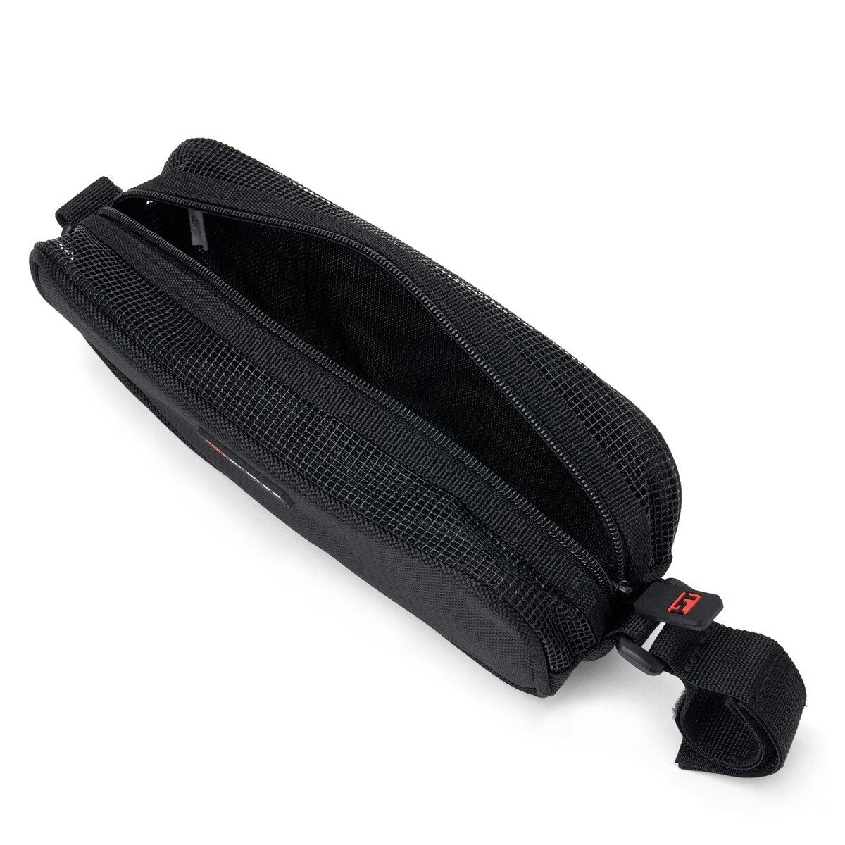 The Protec Violin / Viola Shoulder Rest Pouch is a black, mesh-textured pouch with a zipper, partially open to reveal the interior and featuring a looped strap on one end.
