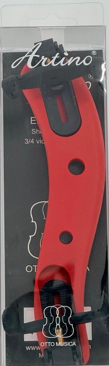 A Red - Artino SR-12 Ergo Collapsible Violin & Viola Shoulder Rest, designed for 3/4 size violins, is displayed in clear plastic packaging with black and white text and graphics visible behind the product.
