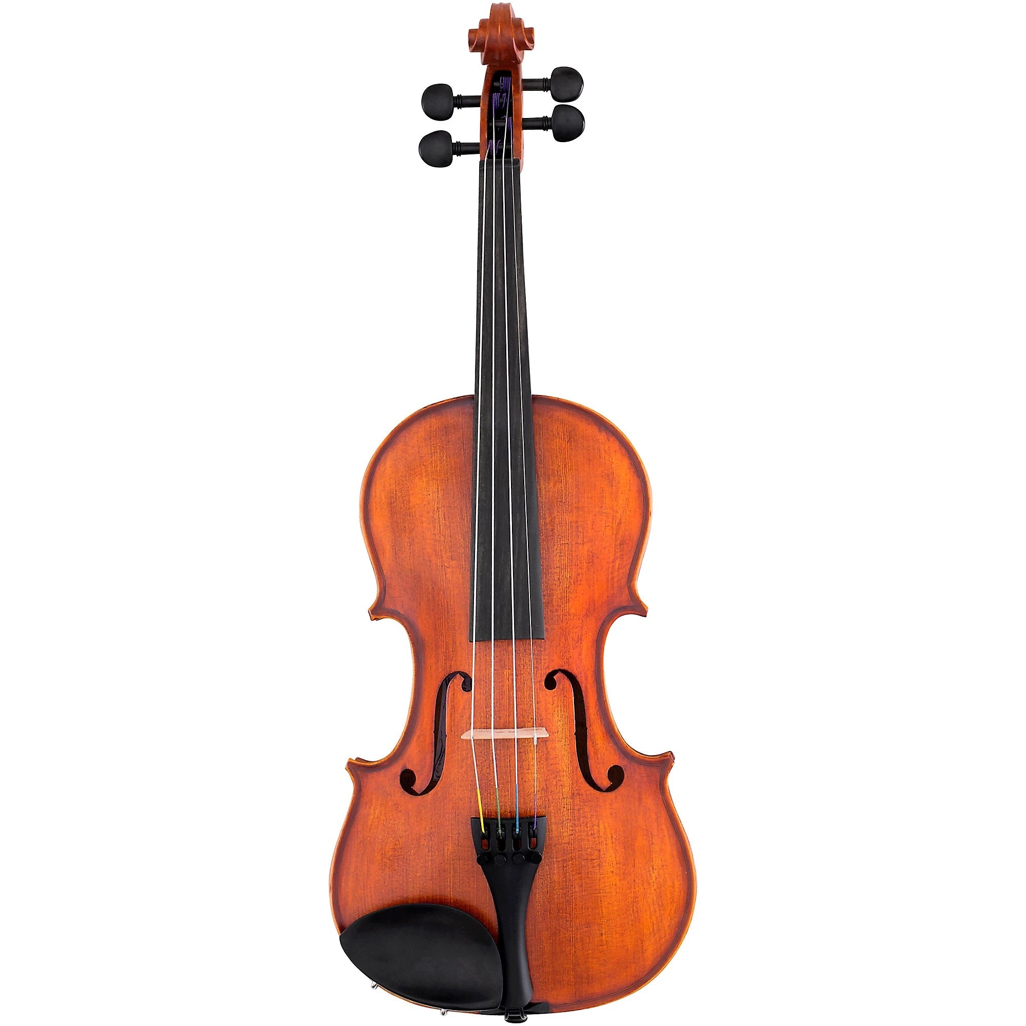 The Scherl & Roth SR51 Violin Outfit is shown on a white background; it is a full-sized student violin featuring a reddish-brown wooden body with black fingerboard, tailpiece, tuning pegs, and chinrest. This instrument comes professionally set up and is strung with Thomastik-Infeld Dominant strings for enhanced sound quality and playability.