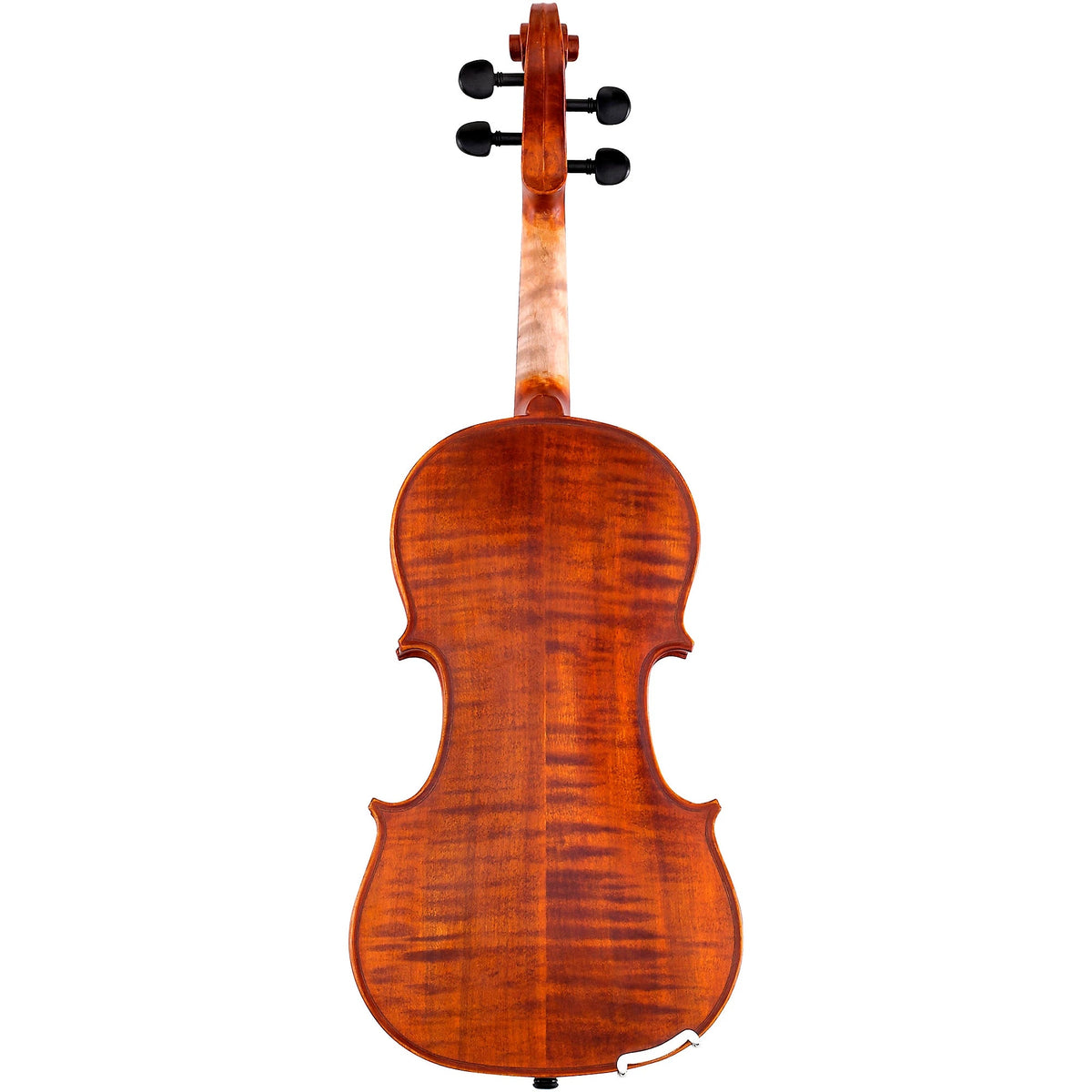 A Scherl & Roth SR51 Violin Outfit shown from the back, displaying its rich brown varnish, glossy finish, and the beautiful wood grain—professionally set up and strung with Thomastik-Infeld Dominant strings for enhanced tone and playability.