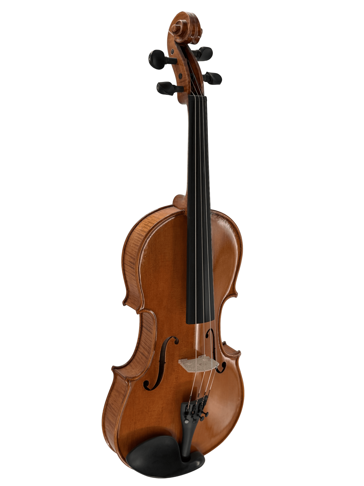 The Thomas Zach TZ3 Violin, a one-piece back instrument with four strings, black tuning pegs, and chin rest, stands upright against a plain white background—perfect for advanced students.