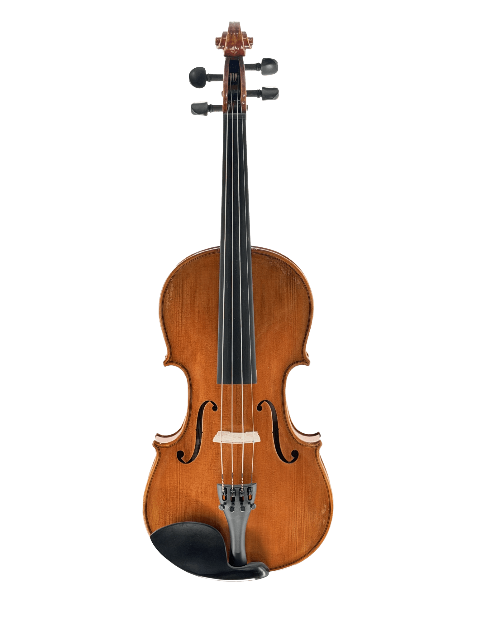 A full view of the Thomas Zach TZ3 Violin featuring a brown wooden body with black pegs, fingerboard, and chinrest, showcased against a plain white background.