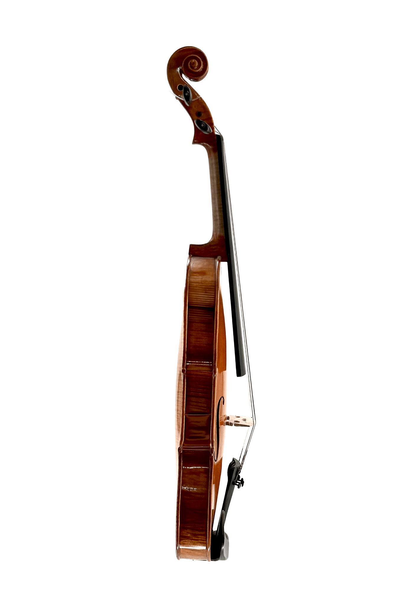 The Thomas Zach TZ3 Violin is displayed from the side on a plain white background, showcasing its elegant curved wooden body, neck, and scroll, with a bow placed beside it.