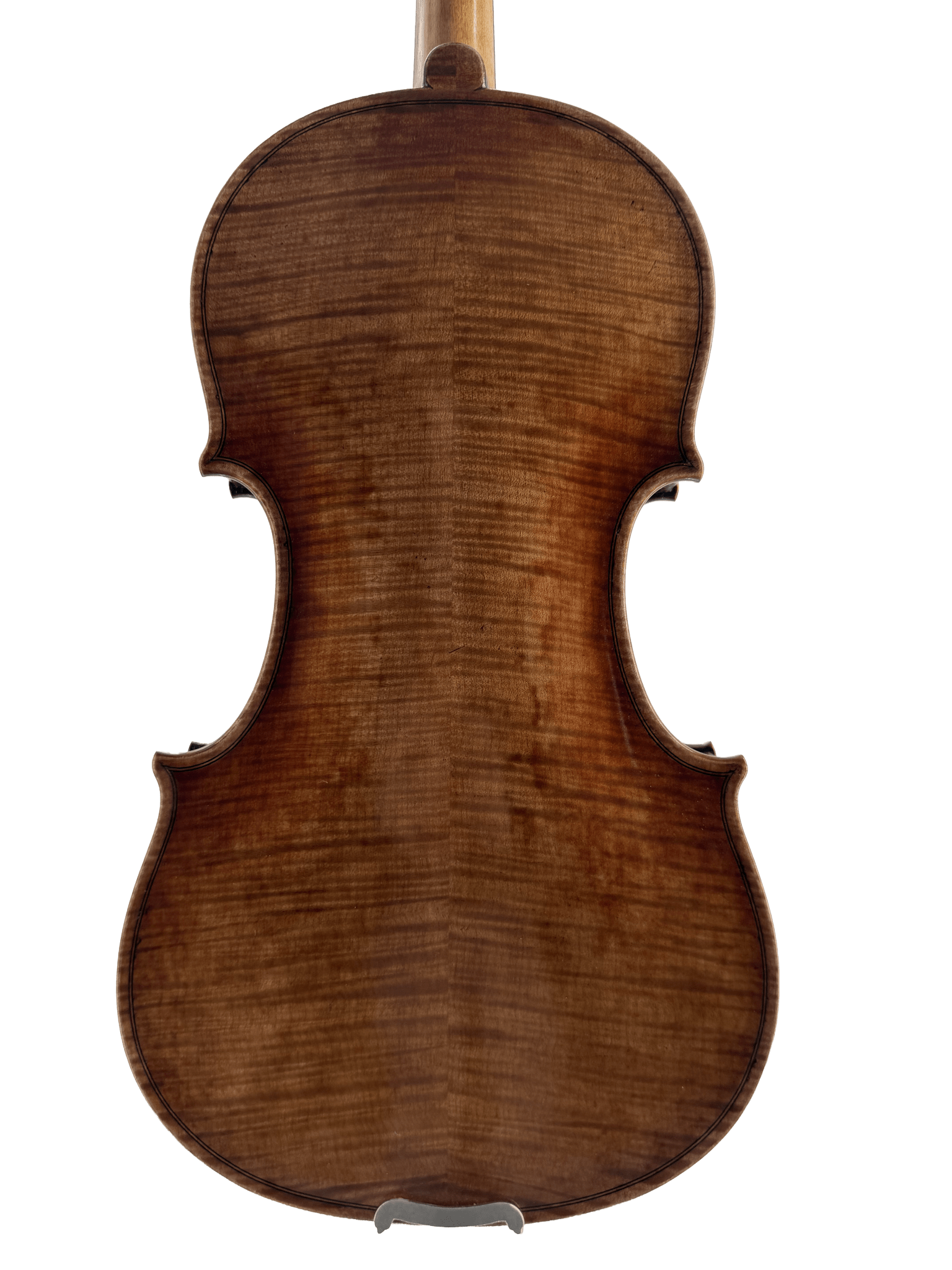 The image shows the back of the Thomas Zach TZC24 Violin, featuring a glossy, rich brown finish with visible wood grain—perfect for advancing players seeking a mature tone. The violin is displayed against a plain white background.