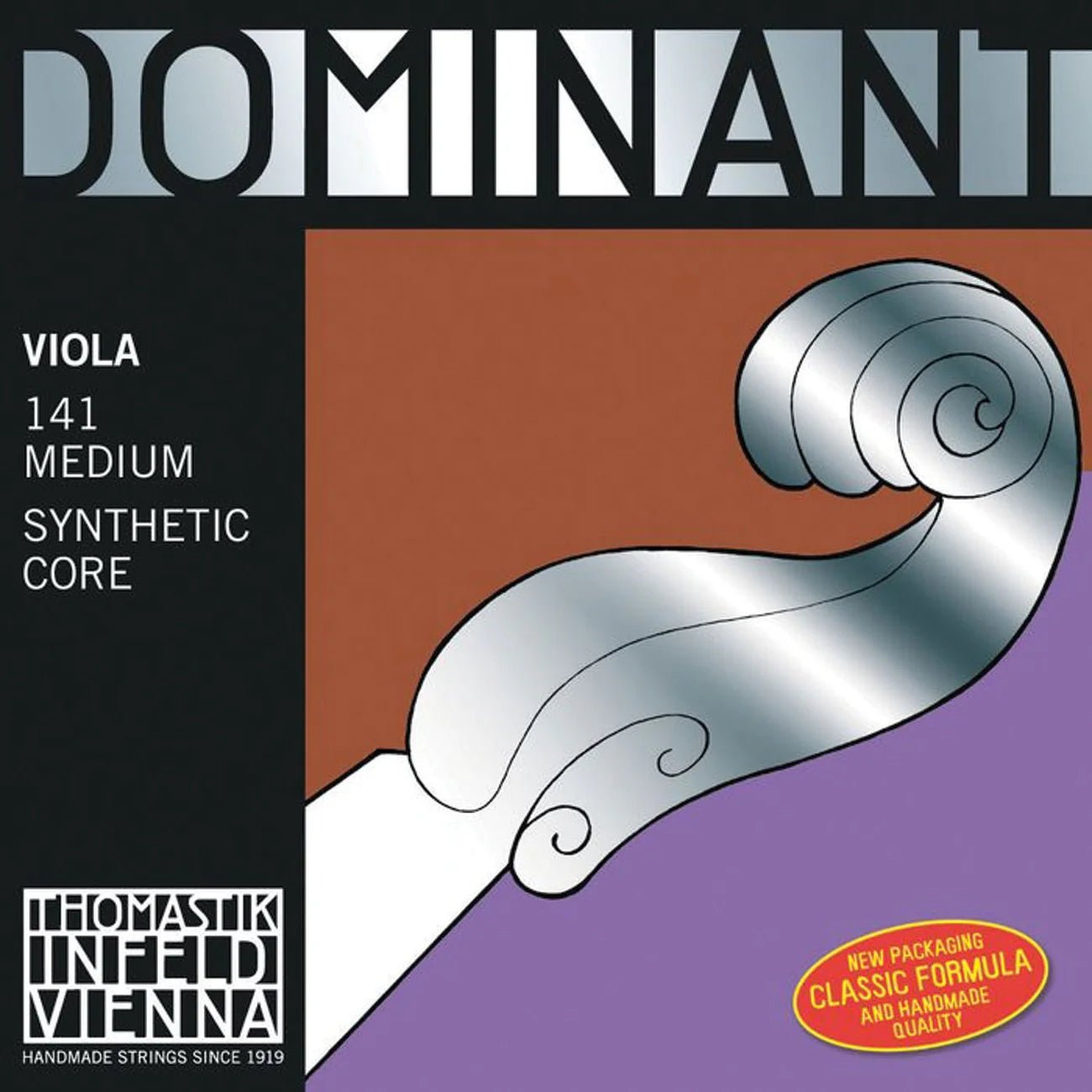The packaging for the Thomastik Dominant Viola D String showcases a stylized silver viola scroll set against a brown background, with text highlighting its synthetic core and indicating it is the medium gauge by Thomastik-Infeld Vienna.
