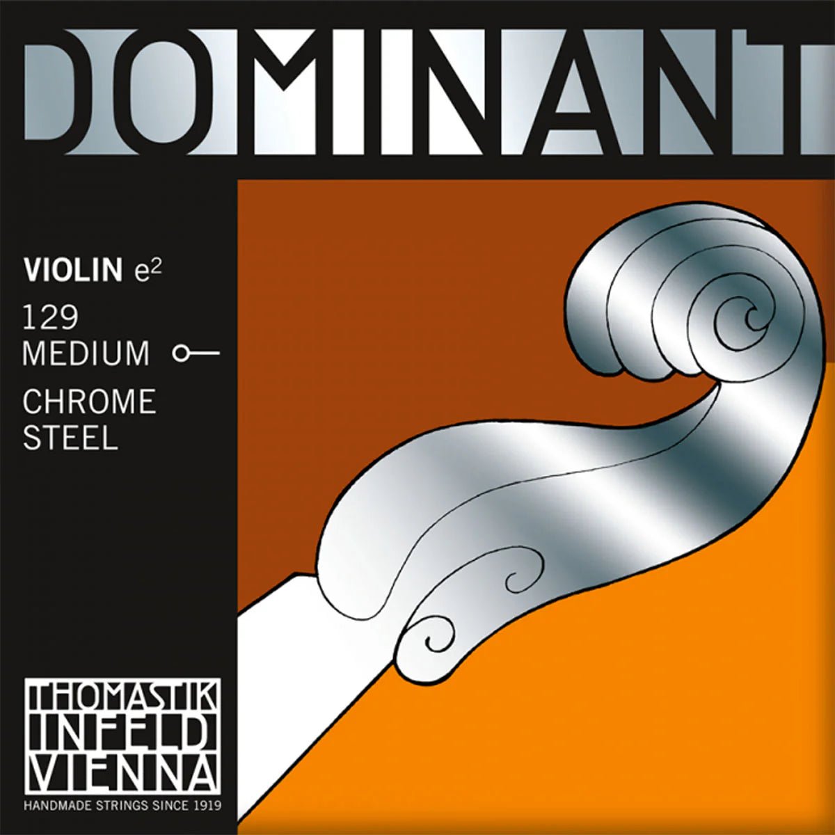 The Thomastik Dominant Violin E String, Chrome Steel, features a silver scroll on an orange background with “Violin e², 129 Medium” text. It’s an ideal premium replacement string from Thomastik-Infeld Vienna.