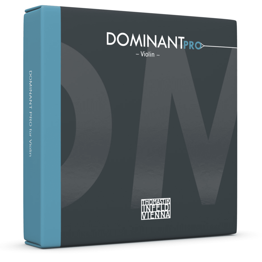 A box of Thomastik-Infeld Dominant Pro DP100 Violin String Set – 4/4 Medium features a dark design with prominent "DP" lettering, bold white "Dominant Pro – Violin –" text, and a blue spine. Renowned for their tonal flexibility and powerful projection, these strings are perfect for discerning musicians. The bottom showcases the Thomastik-Infeld Vienna logo.