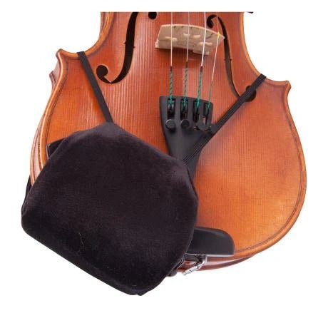 A close-up of a violin with the Tido Universal Chinrest & Shoulder Pad for Violin and Viola attached under the strings near the bridge, providing comfort and serving as a convenient accessory holder.