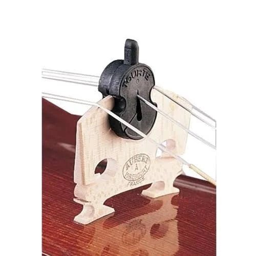 A Tourte Original Viola Mute – Black Rubber Orchestra Mute is attached to a viola bridge, pressing against the strings. This essential orchestra accessory features the wooden bridge sitting on the viola body, with strings passing over it.