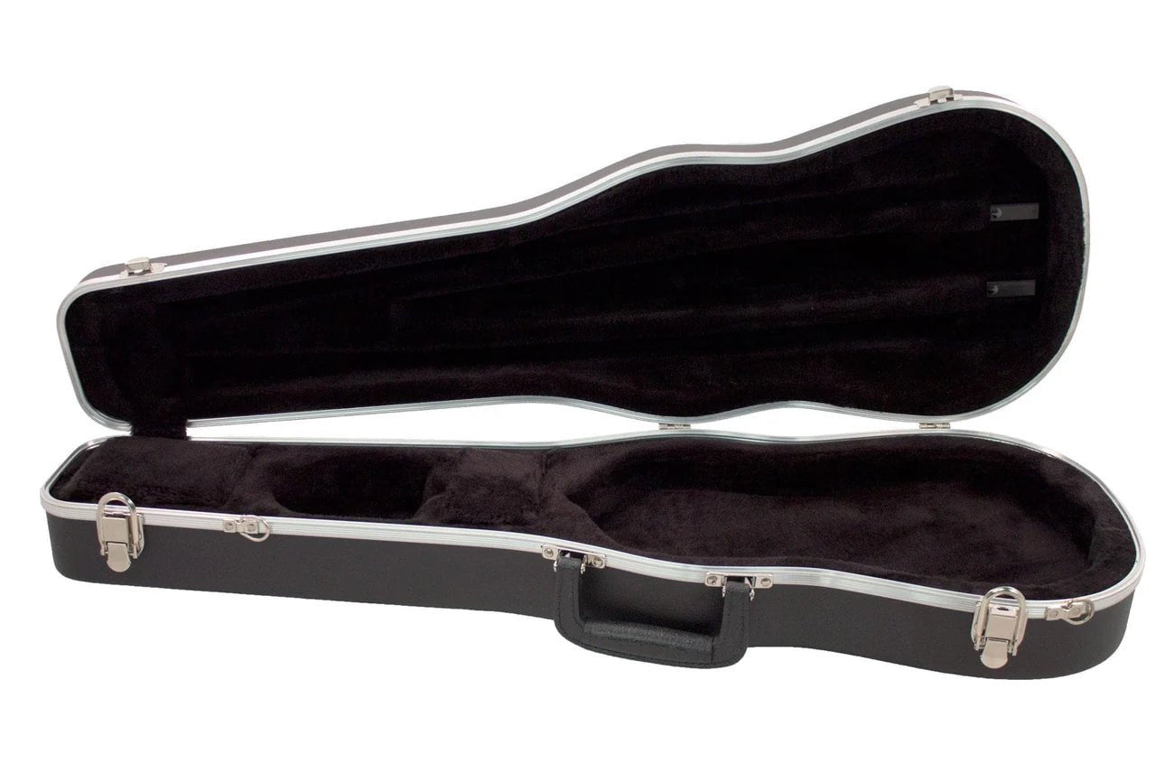 The USA-Made Thermoplastic Violin Case is black, opens to a padded interior with accessory compartments, and features silver latches plus a sturdy handle. Lightweight for easy transport.