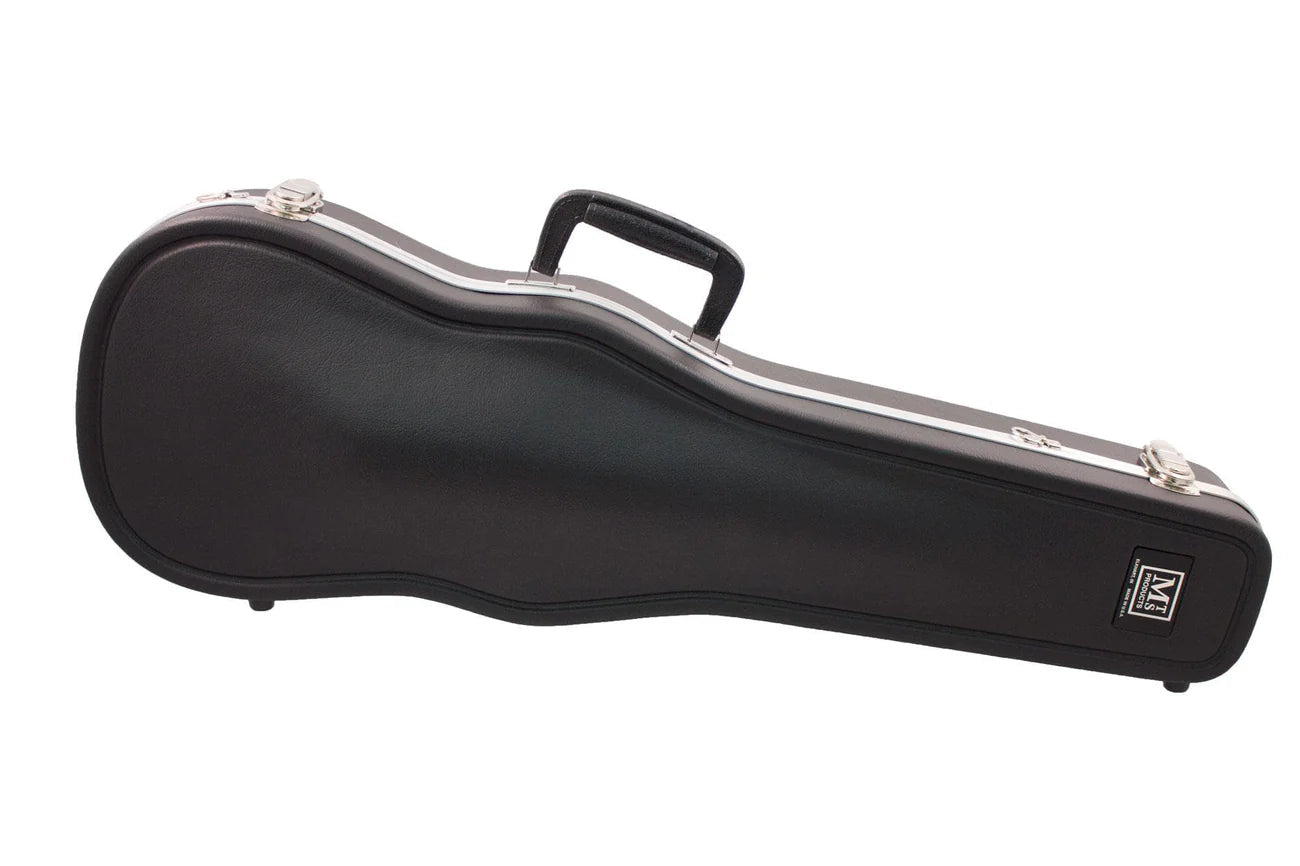 A black hard-shell guitar case with a molded shape, silver latches, top handle, and small square logo—styled like the USA-Made Thermoplastic Violin Case known for quality and durability.