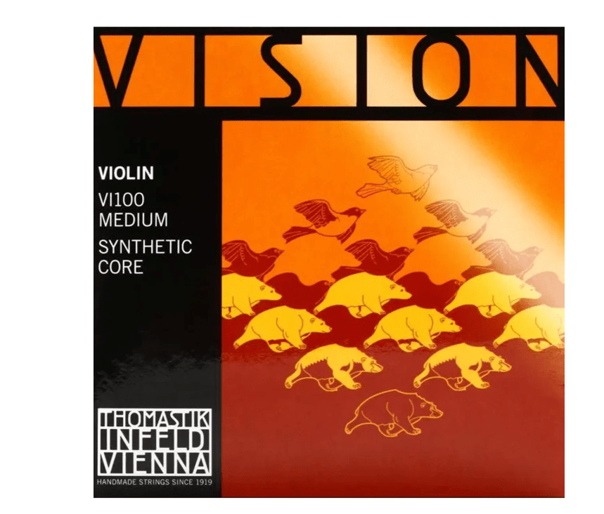 The Vision VI100 Violin String Set features synthetic core strings in a package with bold VISION text and stylized yellow and red running animals, designed for professional performance.