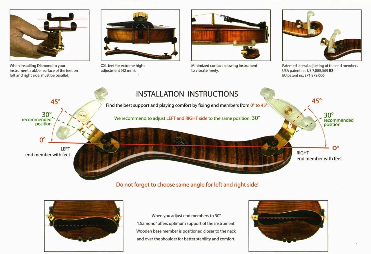 Viva La Musica Diamond Shoulder Rest adjustment guide with diagrams, recommended feet angles (30° right, 45° left), and installation tips for optimal comfort and perfect violin fit. European-made quality.