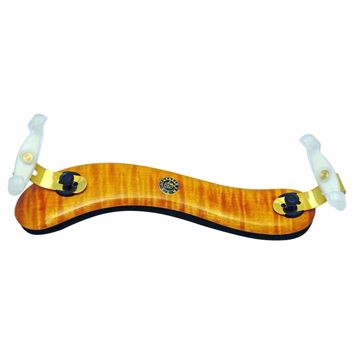 The Viva La Musica Diamond Violin Shoulder Rest – Light Varnish Maple Wood features a curved maple wood design, adjustable plastic feet at each end, a black foam pad on the underside, and a distinctive Viva La Musica Diamond emblem in the center.