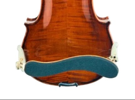 A close-up of the back of a polished brown violin with a chin rest, featuring the Viva La Musica Diamond Violin Shoulder Rest in light varnish maple wood, photographed against a plain light background.