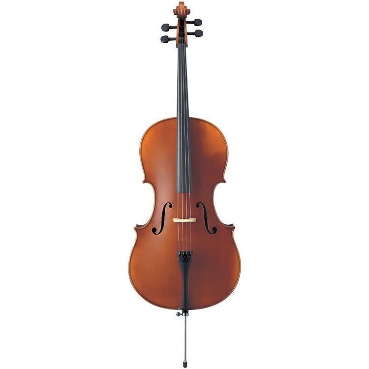 The Yamaha AVC7-44SG Full Size Student Cello features a wooden body, black fingerboard, tuning pegs, and strings. Shown upright on its endpin against a white background, it's perfect as a 4/4 cello outfit for aspiring musicians.