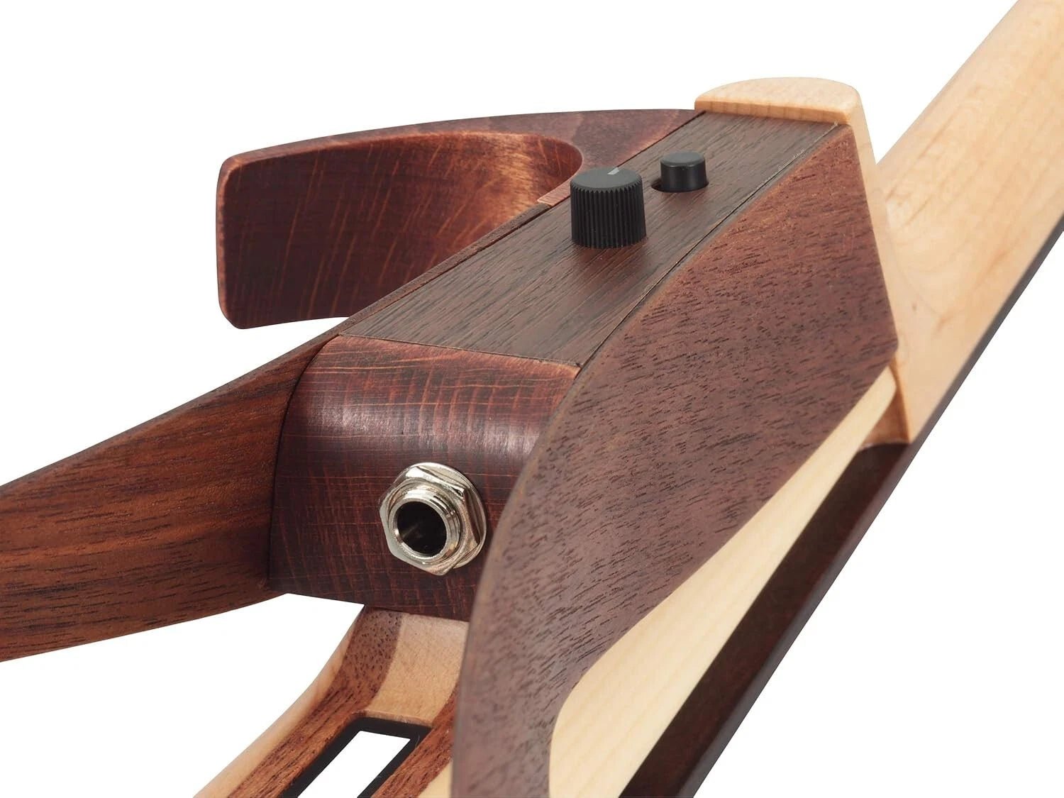 Close-up of the Yamaha YEV104NT Natural Electric Violin – 4 String, showcasing its modern design with a control knob, audio jack, passive bridge pickup, and a sleek mix of dark and light wood finishes.