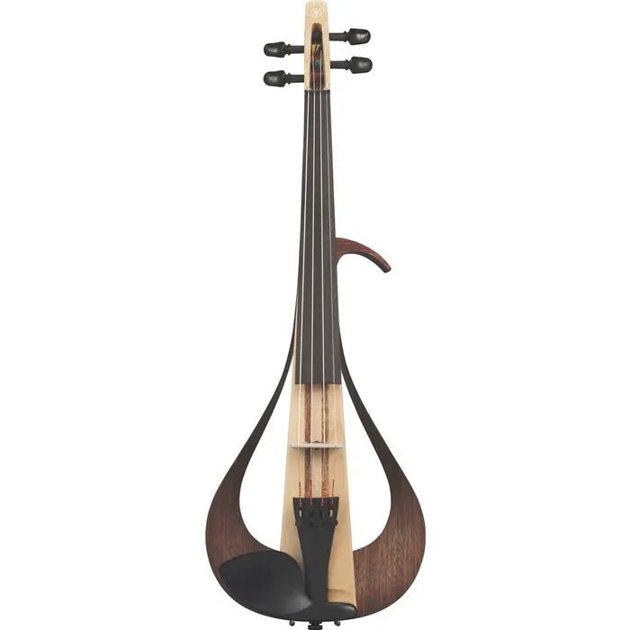 The Yamaha YEV104NT Natural Electric Violin – 4 String boasts a minimalist, natural wood finish and a curved, open body design, highlighting innovative violin craftsmanship against a white background.