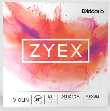 A box of Zyex Violin String Set, featuring a vibrant pink and orange watercolor design with the word ZYEX boldly showcased in the center. This synthetic core set is designed for 1/2 size violins (set DZ310 1/2M) and offers medium tension.