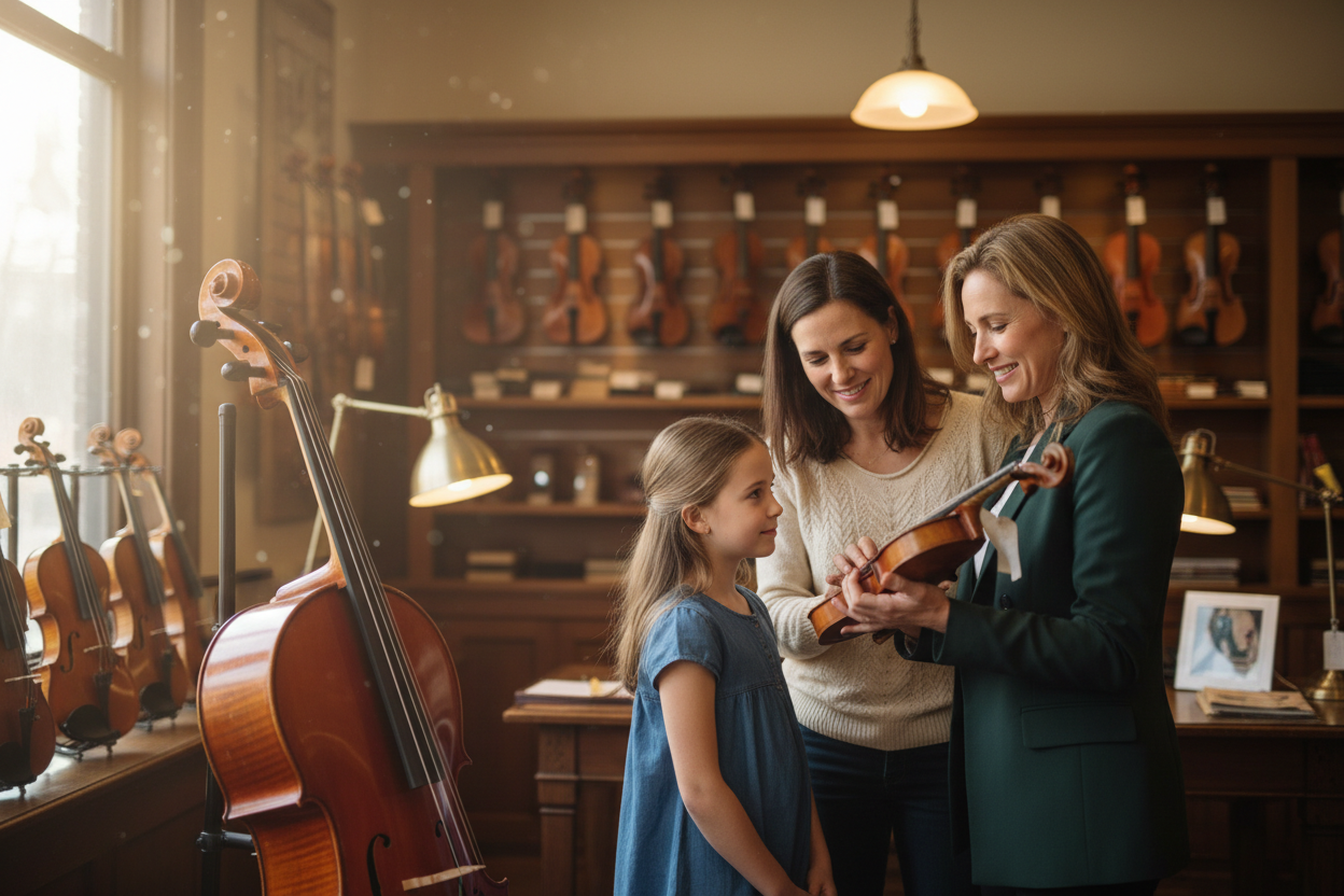 Mother and young girl renting a violin