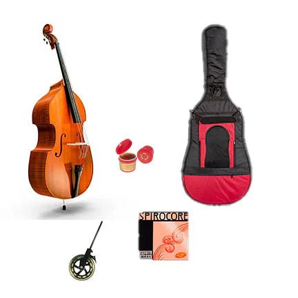 A double bass with a bow, rosin, a set of strings, and a black and red padded carrying case displayed on a white background.
