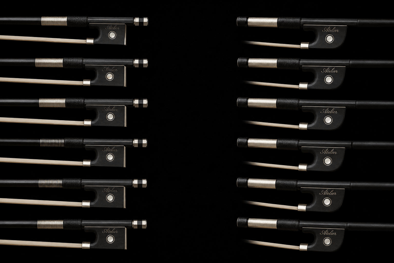 Twelve violin bows with black frogs and silver fittings are arranged in two vertical rows on a black background, creating a symmetrical pattern.