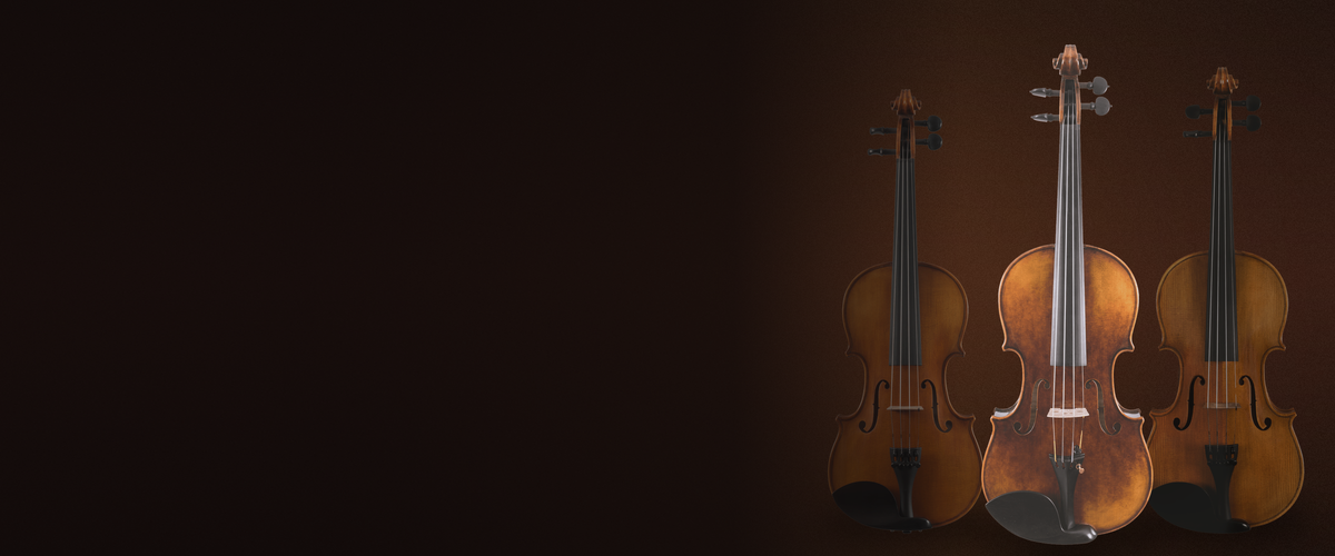Canzona violins and step-up bows on a warm editorial background