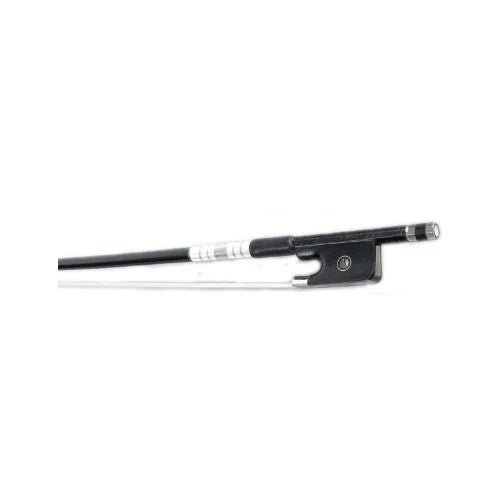 A close-up of a black violin bow with a silver winding and a screw at the end, set against a plain white background.