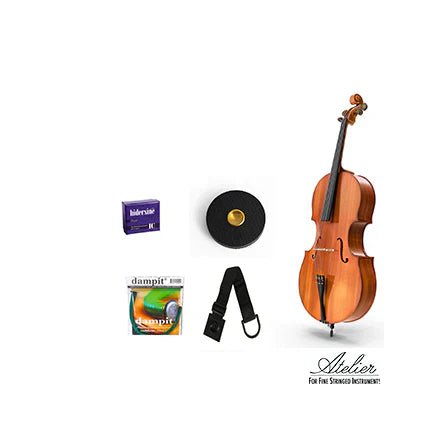 A cello with accessories including a shoulder strap, string set, humidifier, and a small black item, pictured on a white background with the Atelier logo in the bottom right corner.