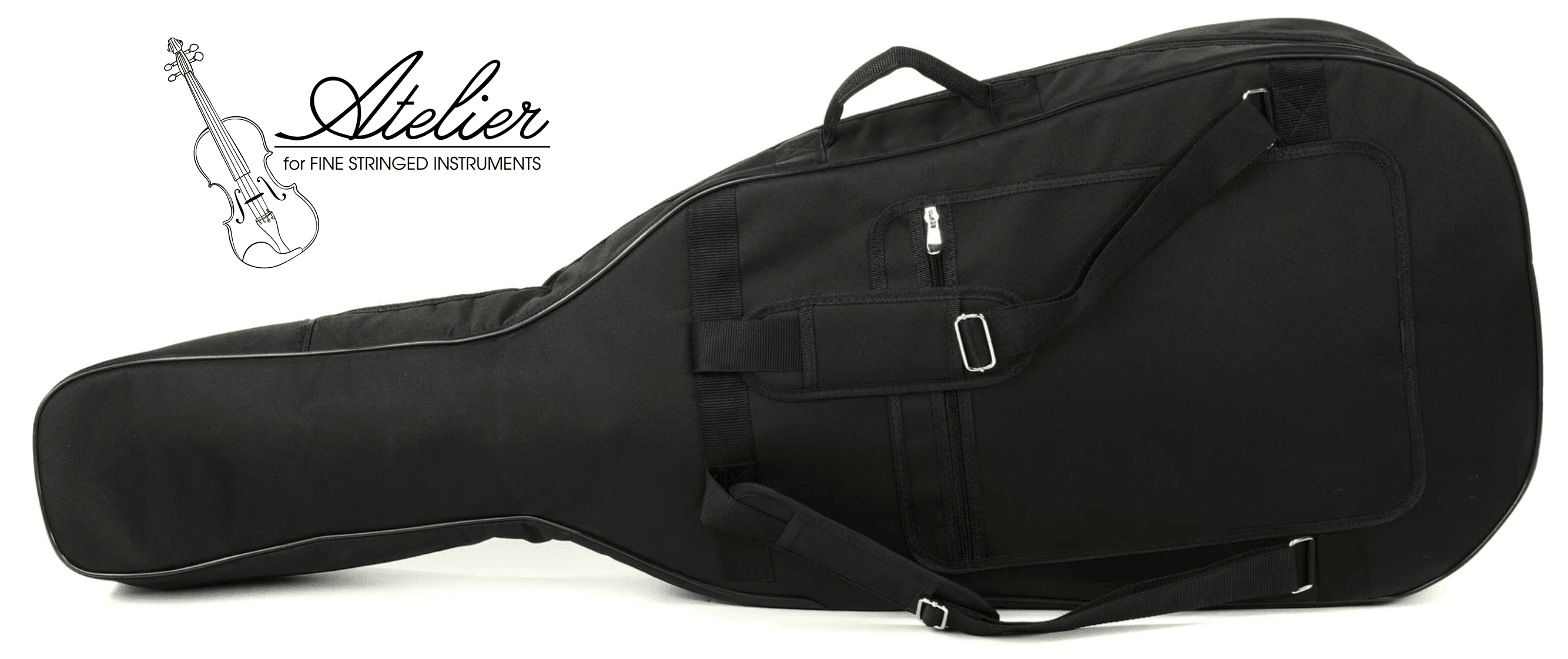 A black soft guitar case with shoulder straps and zippered pockets lies on a white background. On the left, theres a logo of a violin with the text Atelier for FINE STRINGED INSTRUMENTS.
