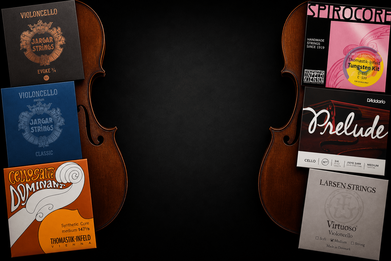 Two cello outlines frame a black background, with various brands of cello string packaging displayed around the edges, including Jargar, Spirocore, Larsen, Dominant, and D’Addario Prelude.