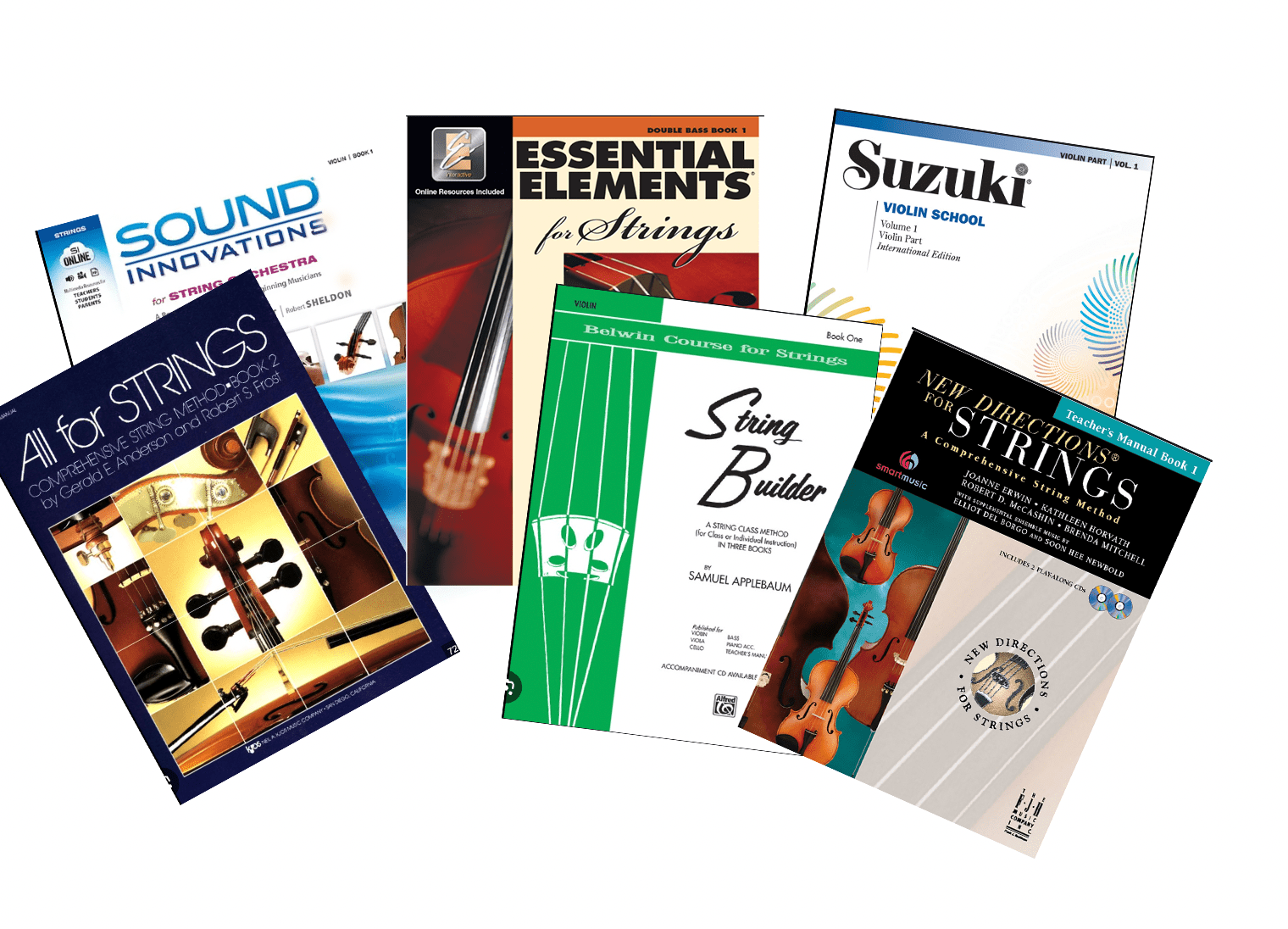 Six different beginner violin method books are arranged side by side, showing their colorful front covers with various violin images and titles, including Suzuki, Sound Innovations, and Essential Elements.