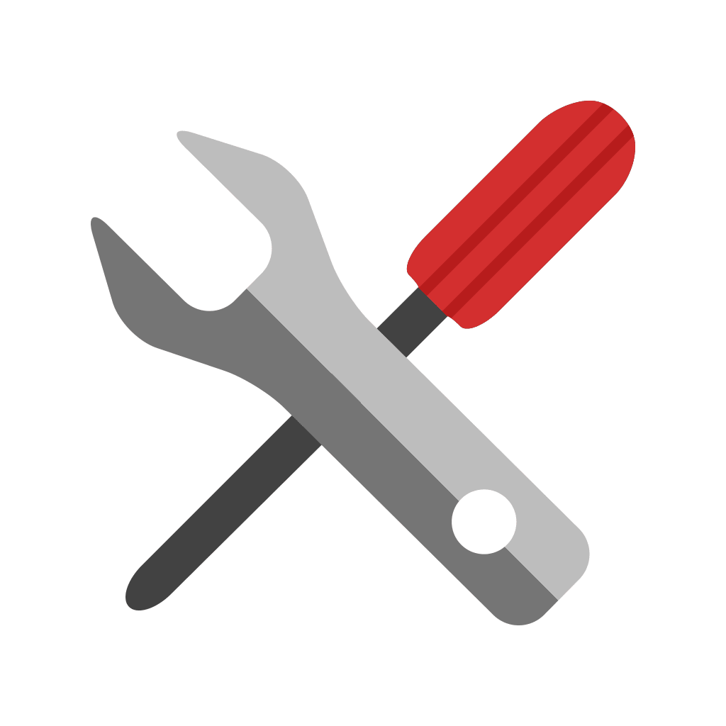 Flat illustration of a gray wrench crossed with a black screwdriver that has a red handle, symbolizing tools or repair on a light gray background.