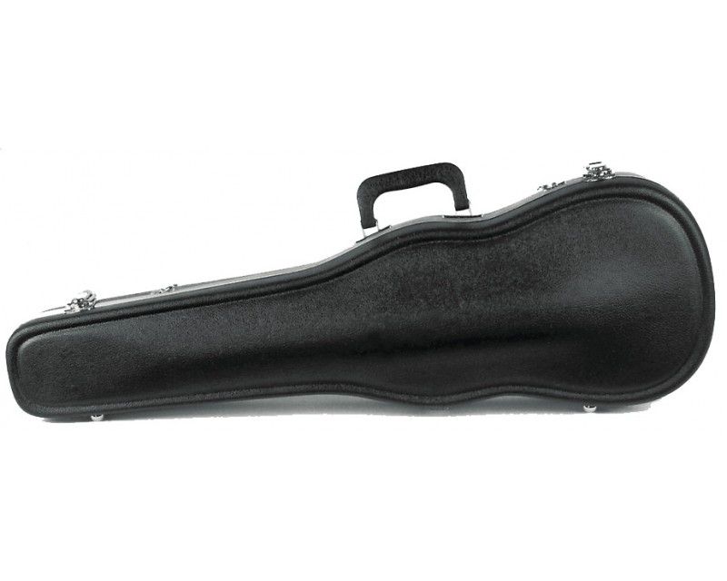 A black hard-shell guitar case with a handle, shown closed and lying flat against a white background.