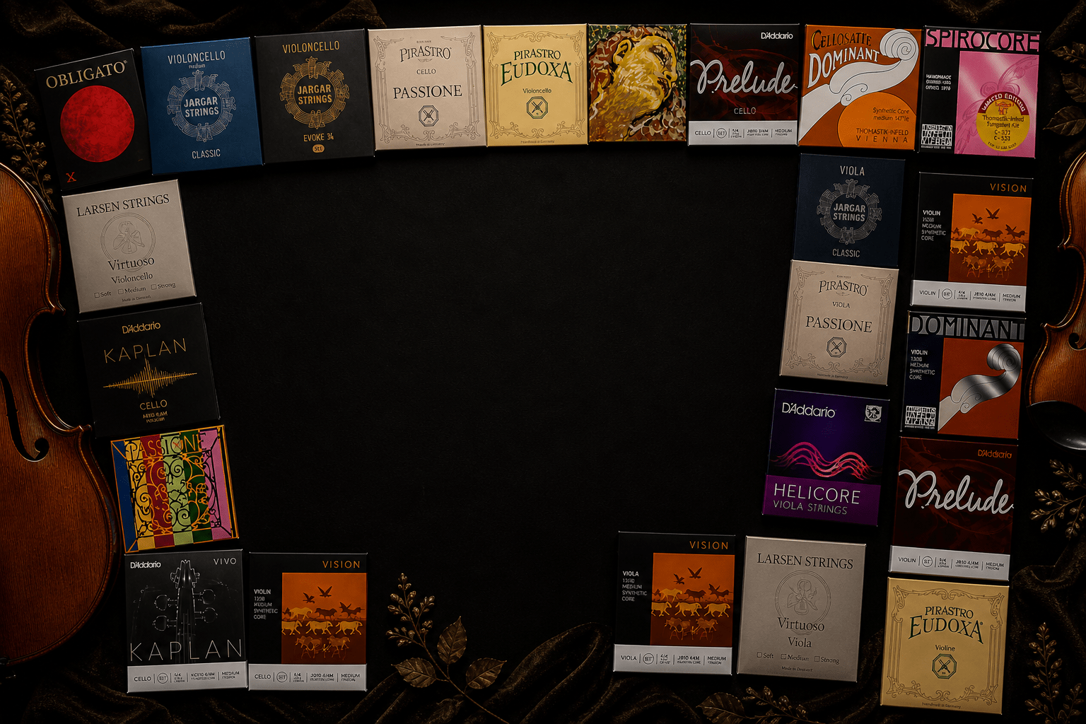 Assorted violin, viola, and cello string packaging arranged in a square frame on a dark background, with partial violins and floral decorations in the corners.