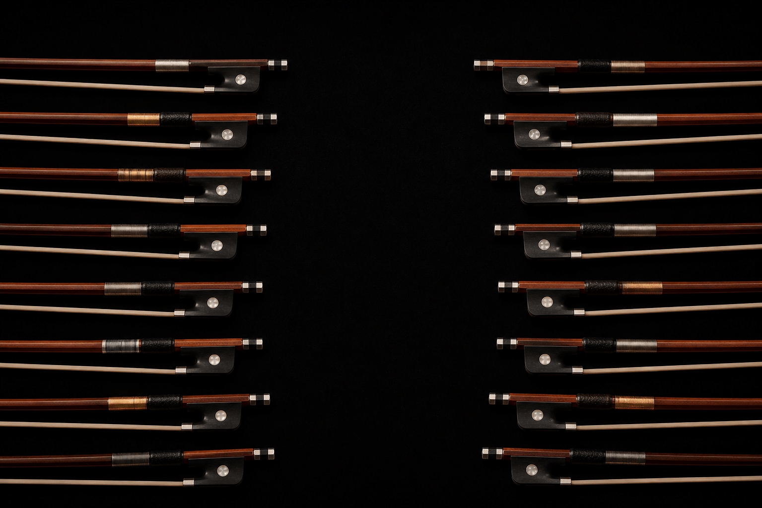 A symmetrical arrangement of violin bows lines the left and right edges of a black background, with the center space empty, creating a balanced and orderly composition.