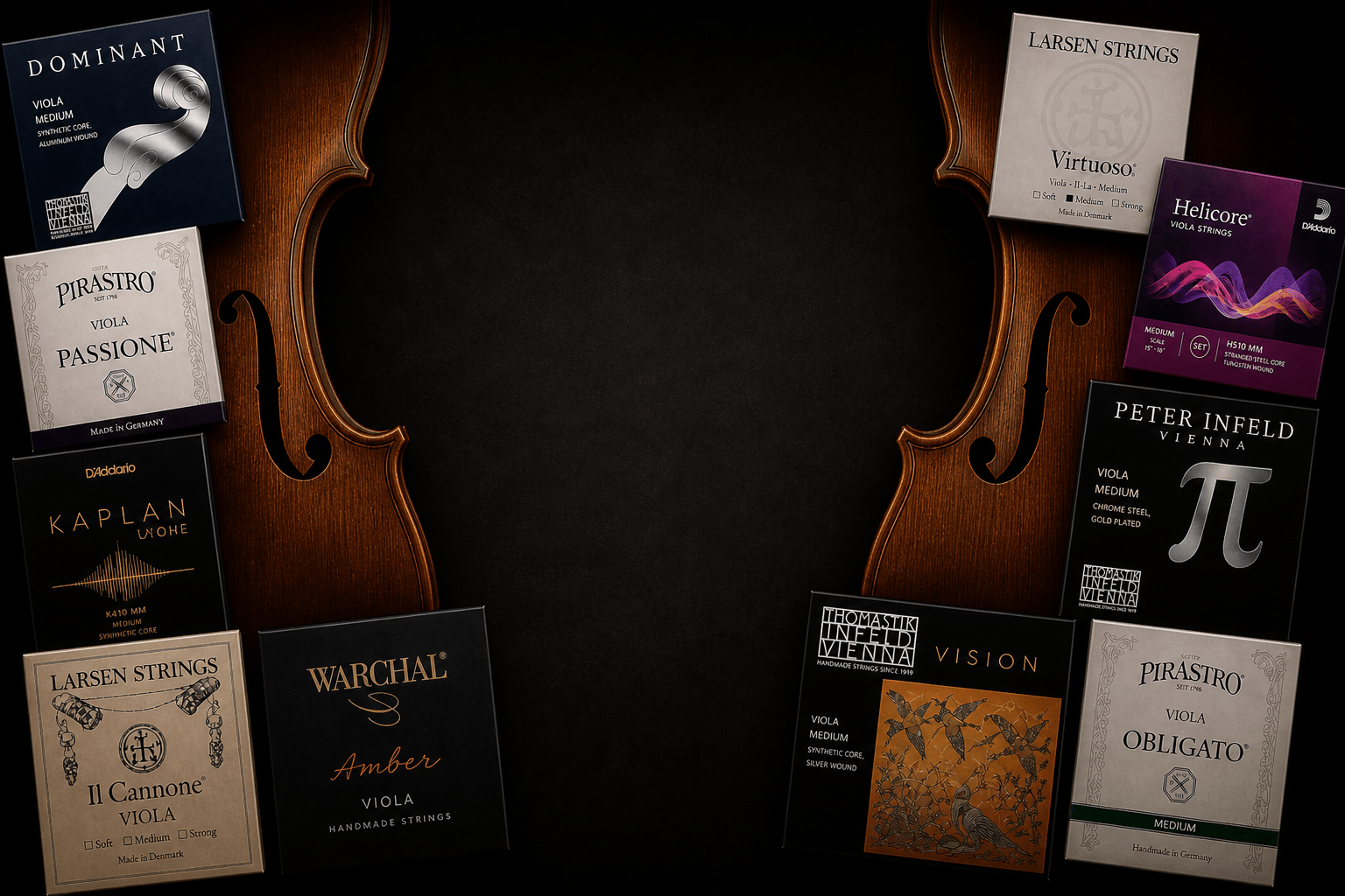 A collection of viola string package boxes arranged around the edges of a dark background with two viola bodies partially visible on the left and right sides.