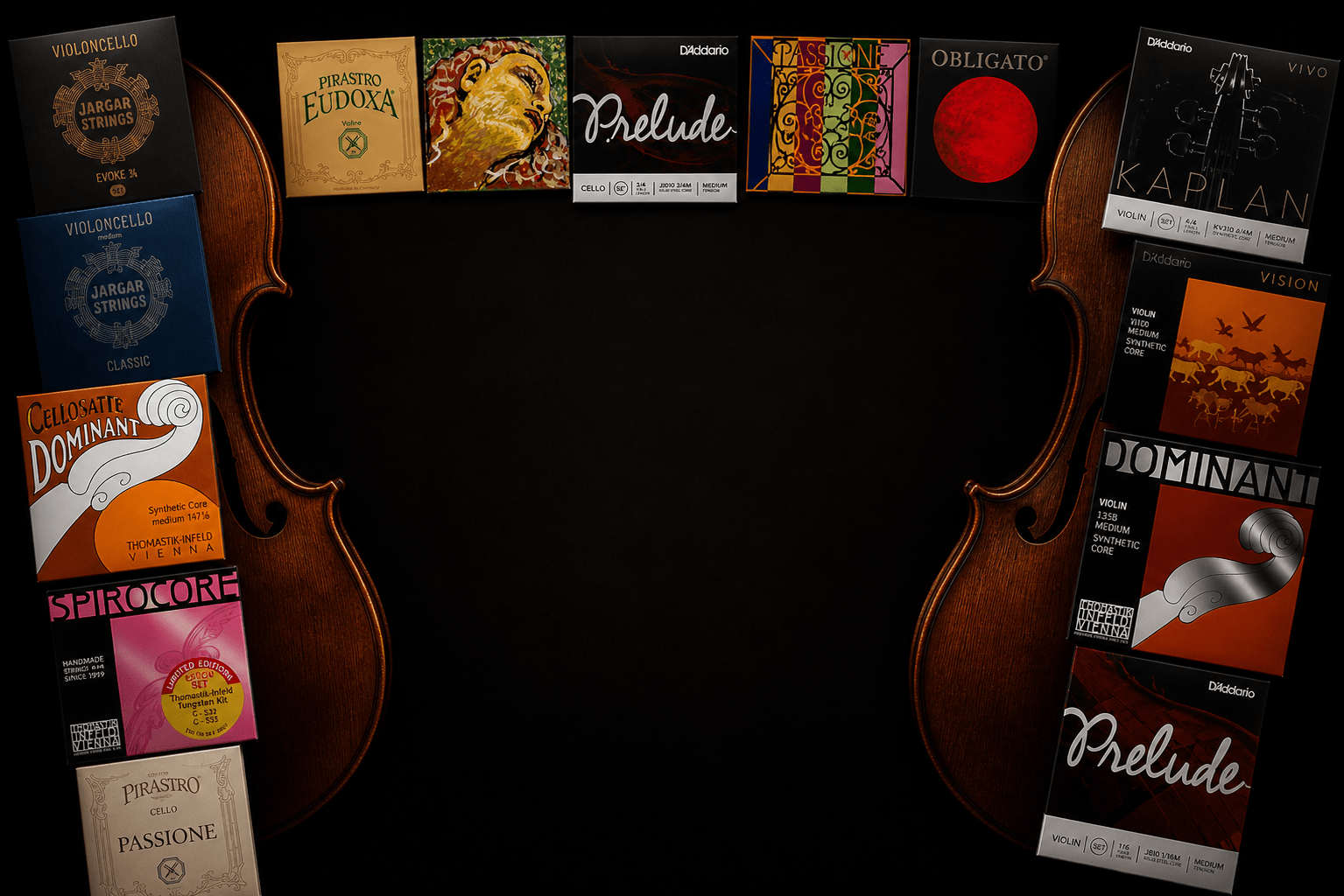 Two cellos frame the edges of a dark background, with colorful violin and cello string packaging arranged along both sides to create a border around the empty center.