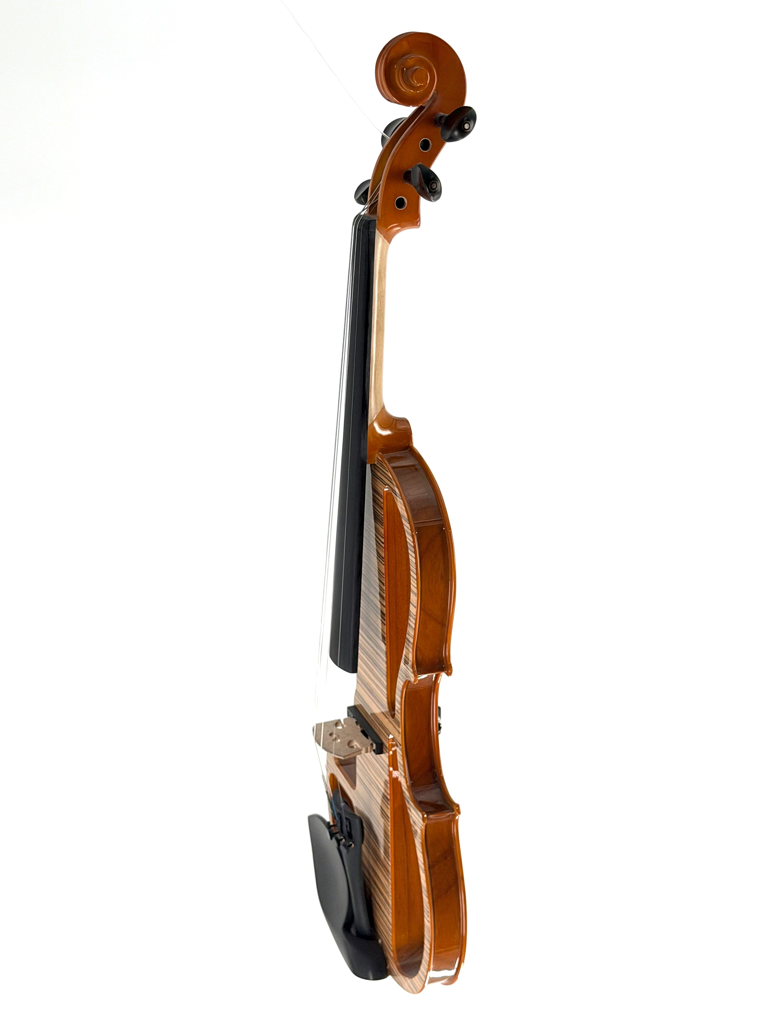 A side view of the Geneva Electric Violin with Shadow Preamp, professionally set up at Atelier, shown against a white background—ideal for silent practice and amplified performance.