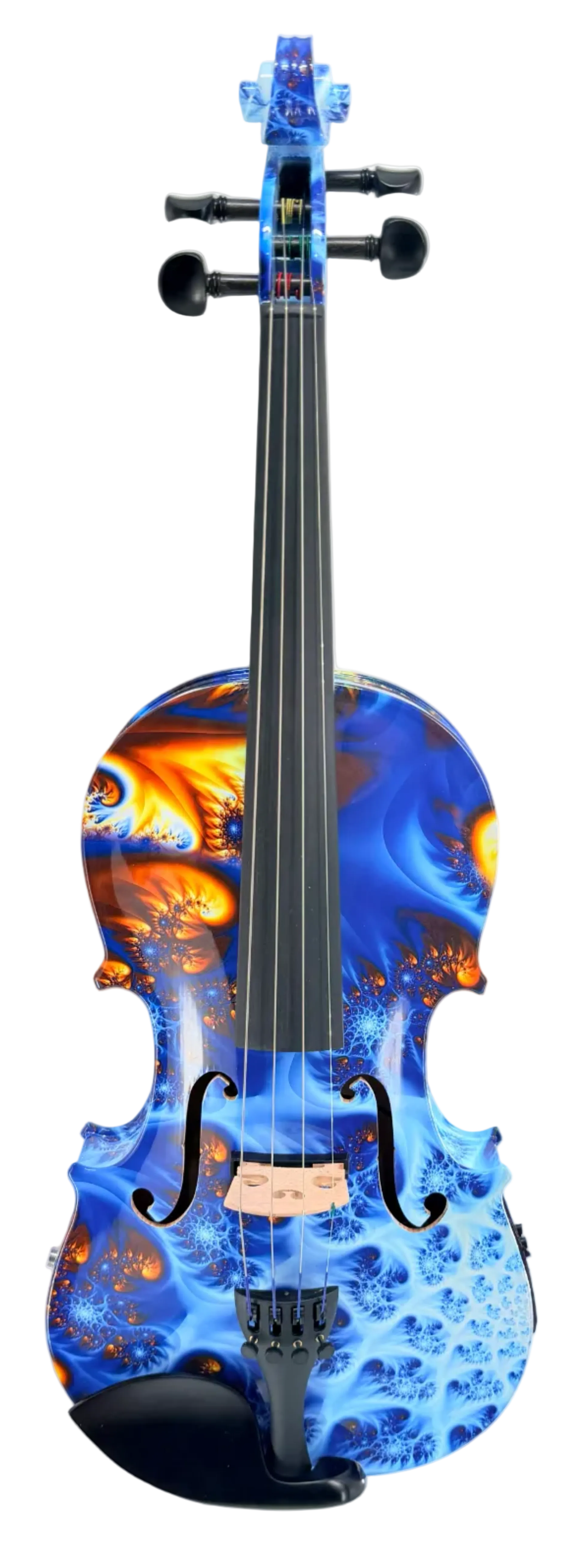 A violin with a vibrant blue and orange flame-like graphic print on the body, set against a plain light gray background.
