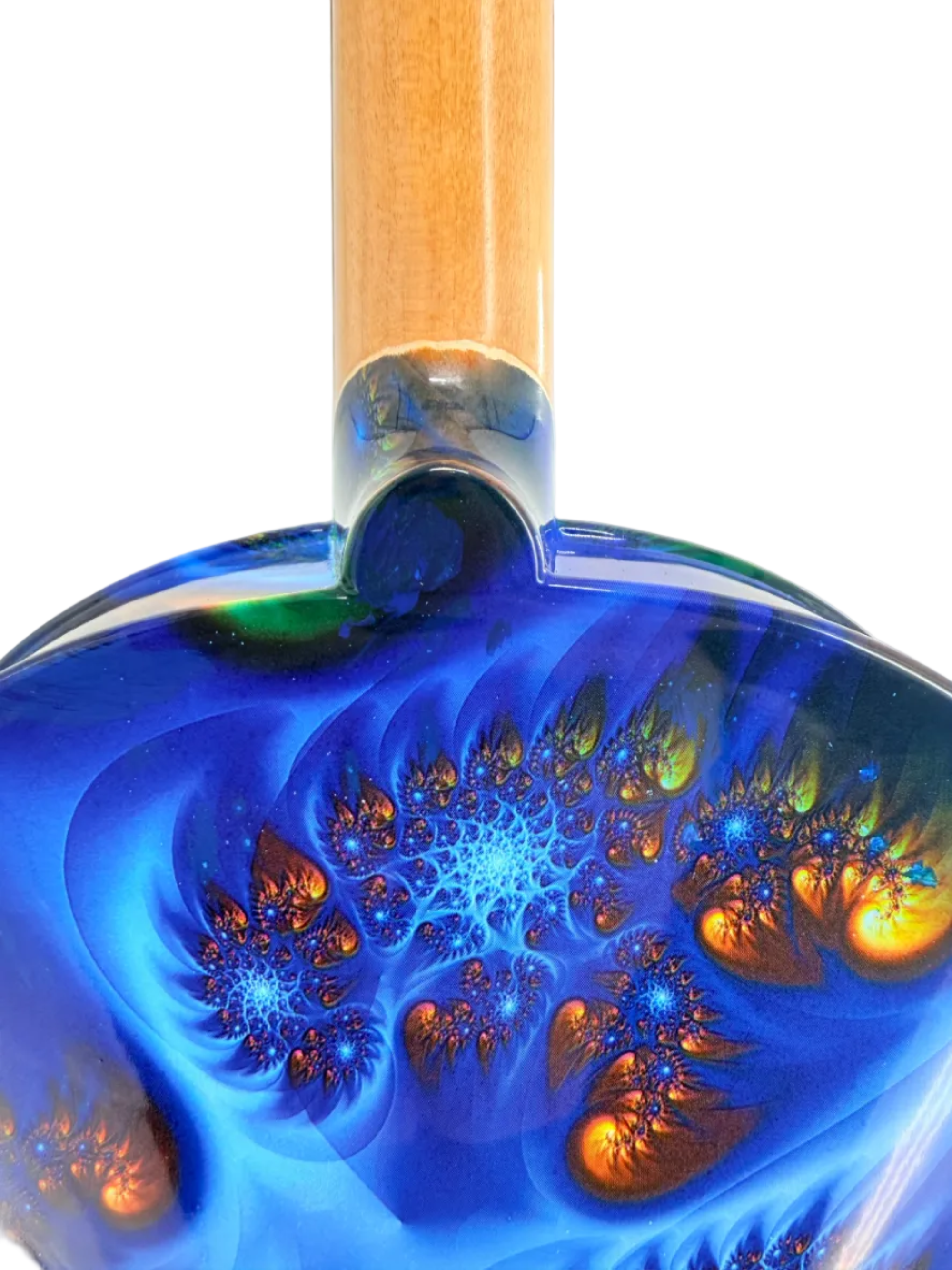 A close-up of a handcrafted object with a wooden handle and a resin surface featuring vibrant blue, orange, and green swirling fractal patterns—exemplifying the refined artistry found in the Geneva Acoustic / Electric Violin.