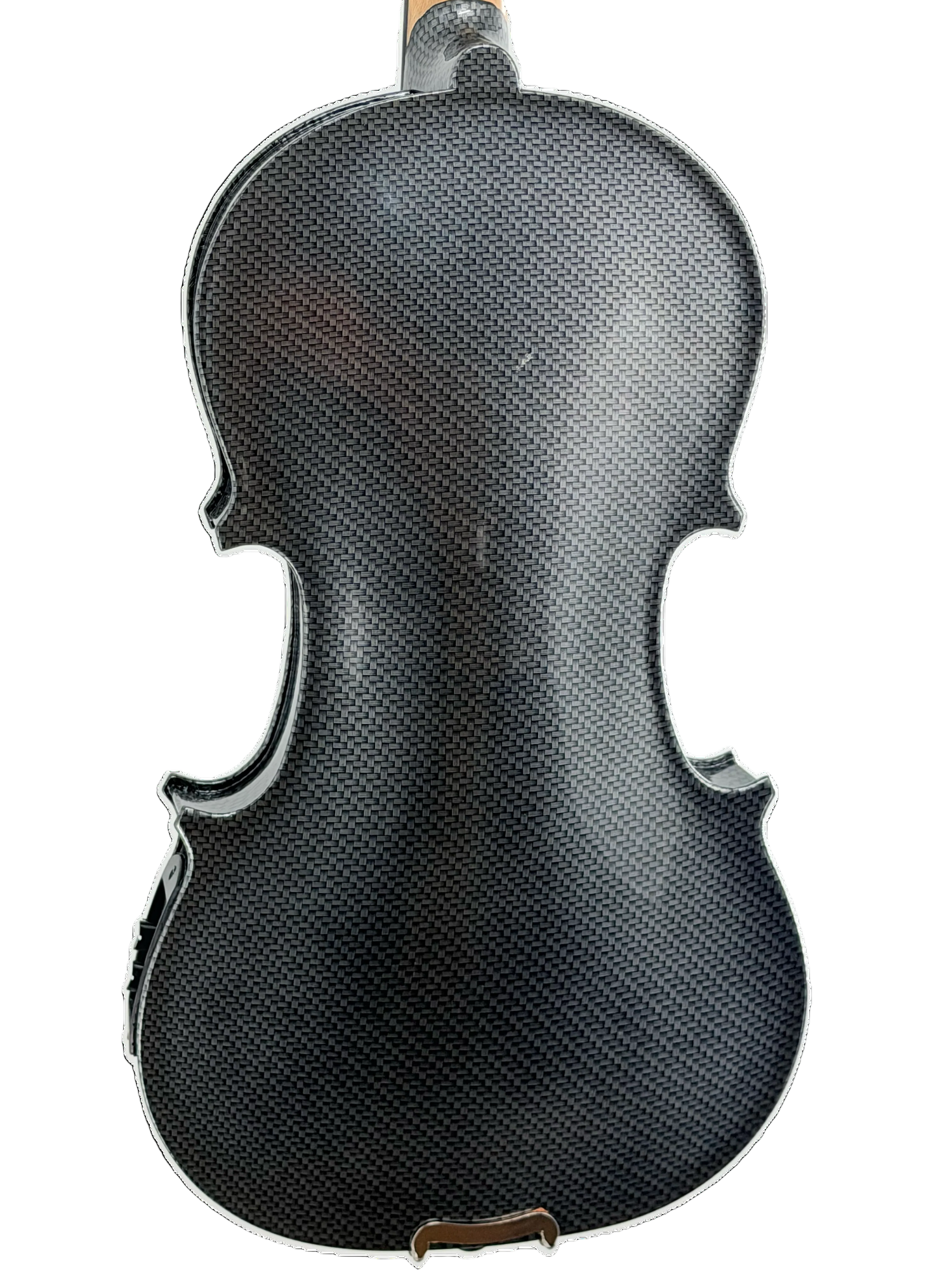 The back view of a violin with a black carbon fiber patterned body and a light wood neck, isolated on a white background.