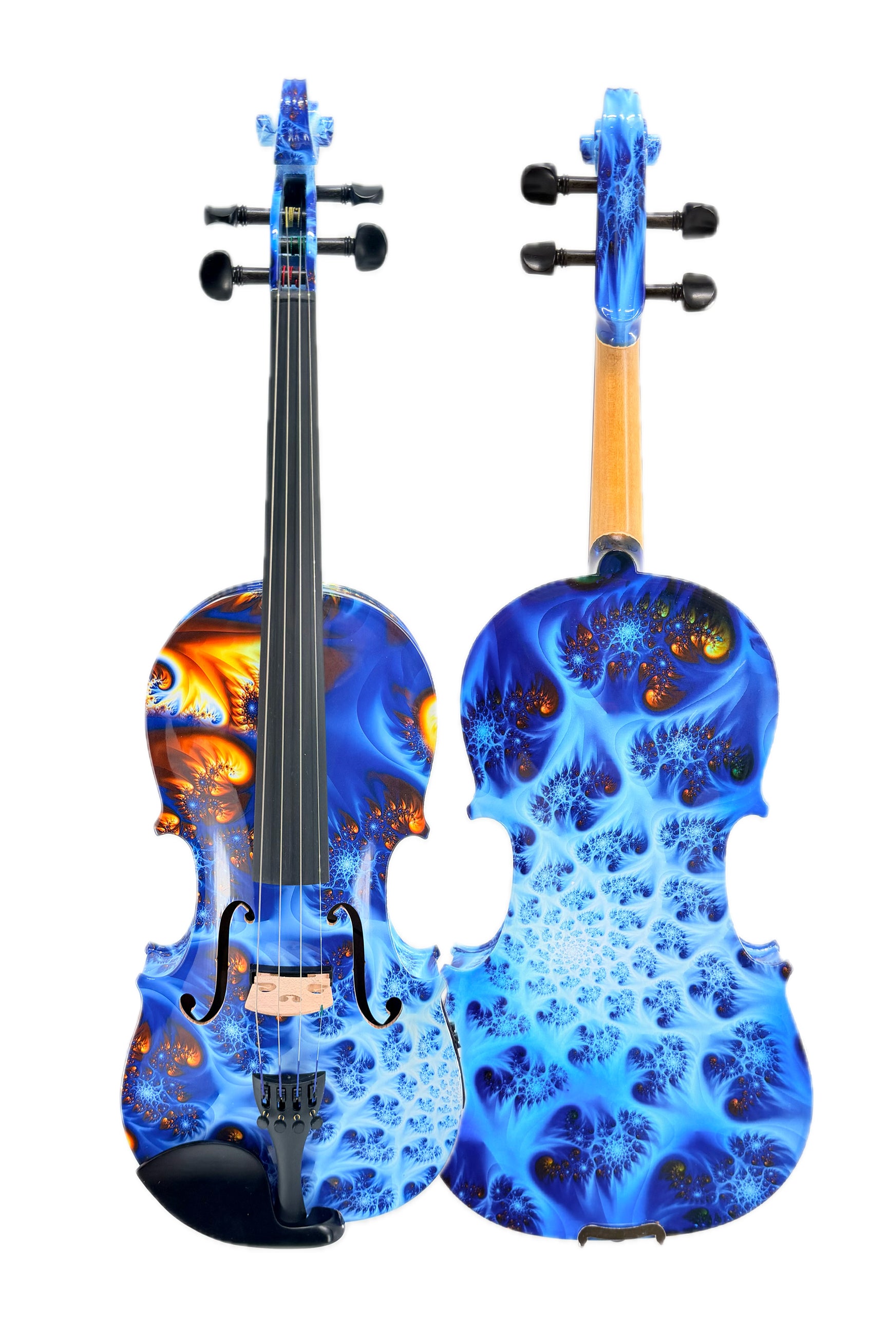 The Geneva Acoustic / Electric Violin is displayed in front and back views, showcasing vibrant blue and orange abstract fractal designs that give a striking and artistic appearance. Each violin comes with a professional setup to ensure optimal performance.