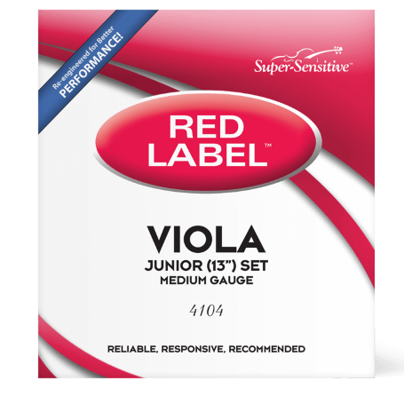 The D’Addario Red Label Viola String Set, model 4104 in junior 13 medium gauge, is designed especially for student violists and features durable steel-core strings. The package is red and white with product details and a blue Performance banner in the corner.